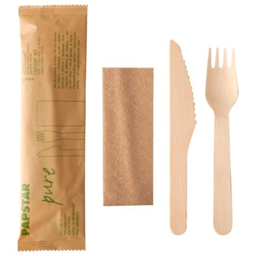 Besteckset Holz "pure", Messer, Gabel, Serviette in Papierbeutel